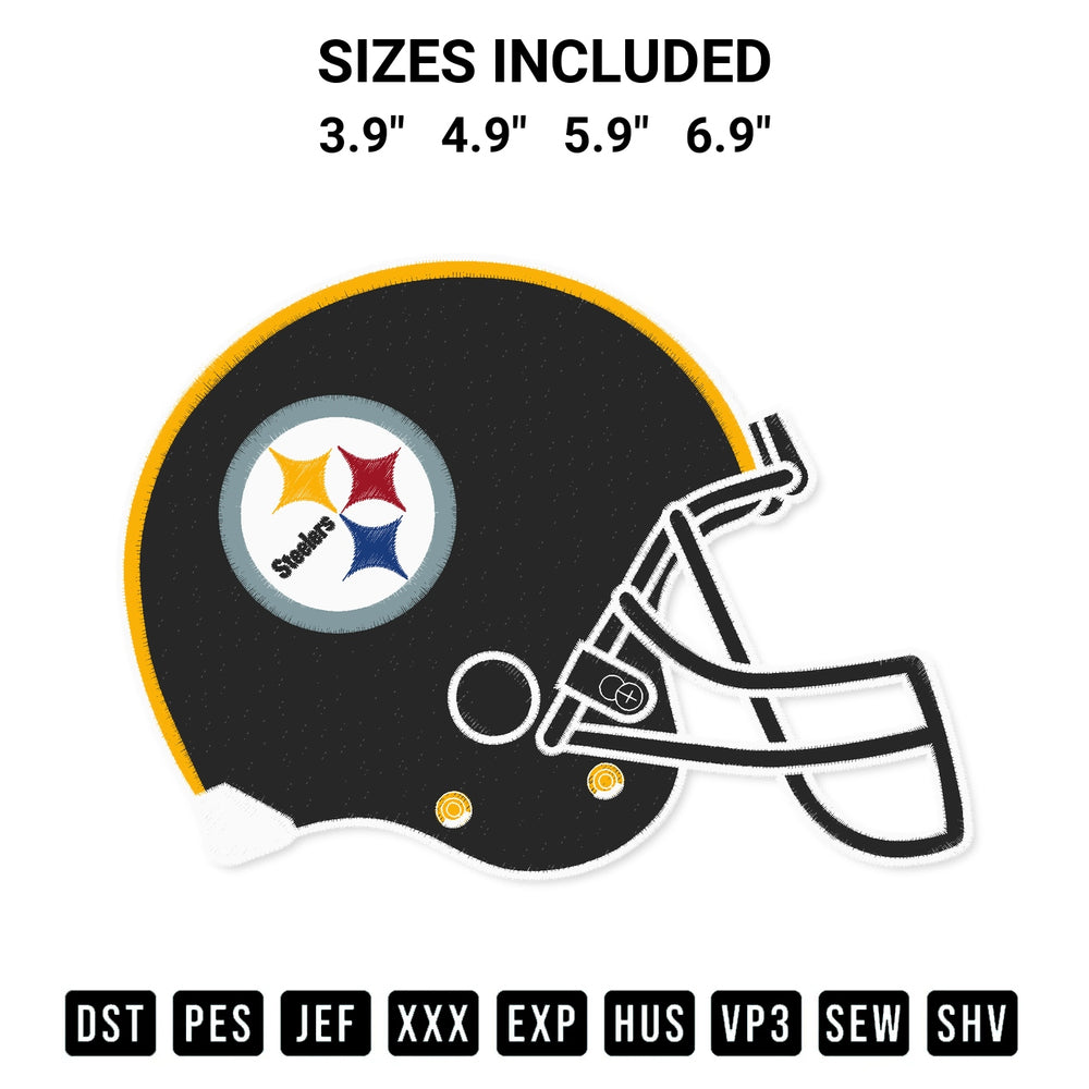 Elevate your next project with our Pittsburgh Steelers Helmet Embroidery Design embroidery file. Shop high-quality digital patterns instantly at Designspacks.com. Available sizes: 3.9", 4.9", 5.9", 6.9".