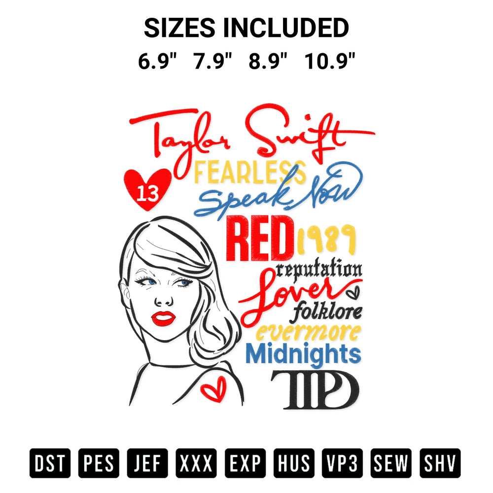 Download the Taylor Swift Albums The Eras Tour Embroidery Design machine embroidery design exclusively at Designspacks.com. Premium digitized pattern for apparel and DIY crafts. Available sizes: 6.9", 7.9", 8.9", 10.9".