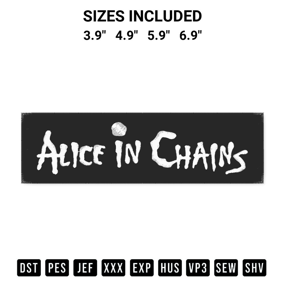 Download the Alice In Chains Logo Embroidery Design machine embroidery design exclusively at Designspacks.com. Premium digitized pattern for apparel and DIY crafts. Available sizes: 3.9", 4.9", 5.9", 6.9".