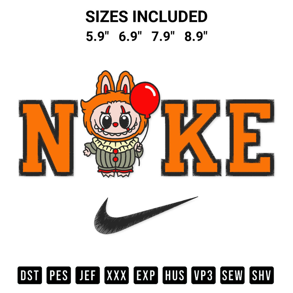 Discover the perfect addition to your crafting collection: Nike Pennywise Labubu Embroidery Design embroidery file. Instantly available at Designspacks.com. Available sizes: 5.9", 6.9", 7.9", 8.9".