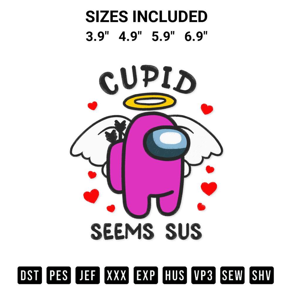 Stitch like a pro with the Cupid Seems Sus Embroidery Design embroidery pattern from Designspacks.com. High-quality digital machine embroidery file. Available sizes: 3.9", 4.9", 5.9", 6.9".