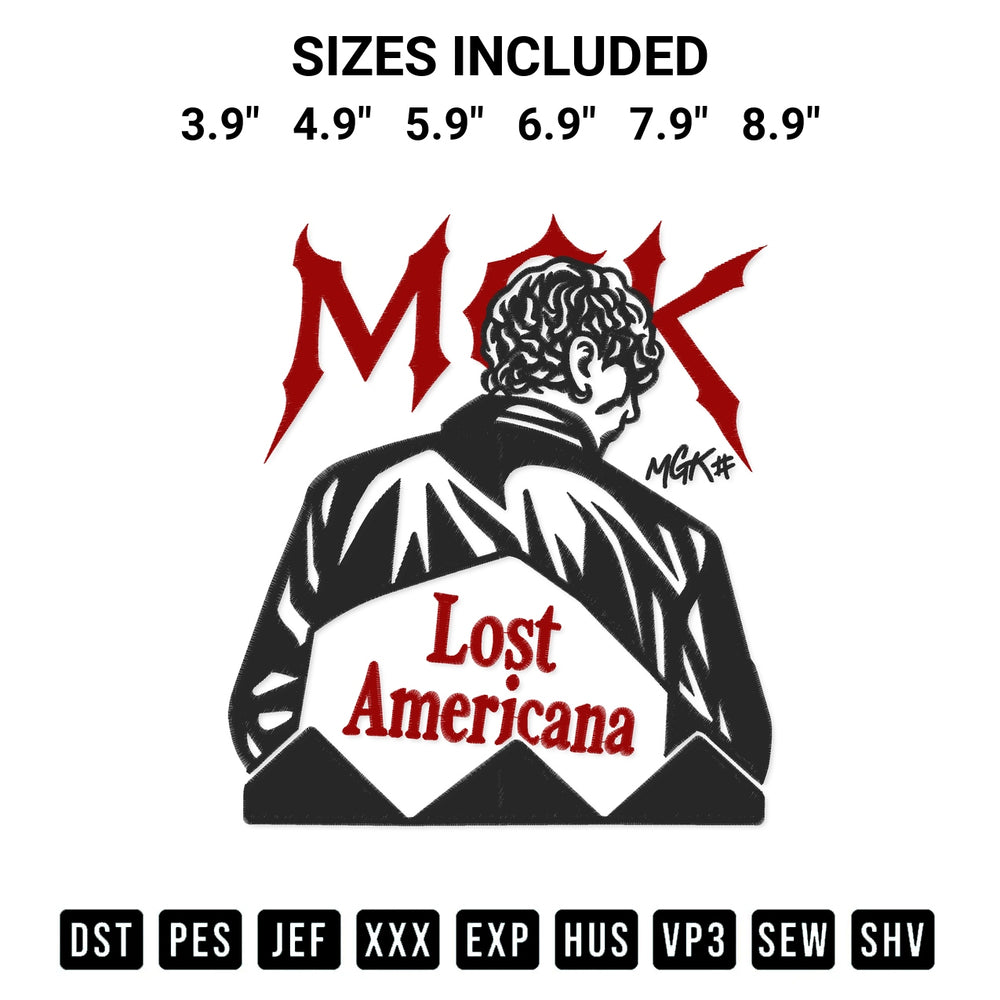 Add a unique touch to your apparel with the Mgk Lost Americana Embroidery Design embroidery file. Premium instant download available now on Designspacks.com. Available sizes: 3.9", 4.9", 5.9", 6.9", 7.9", 8.9".