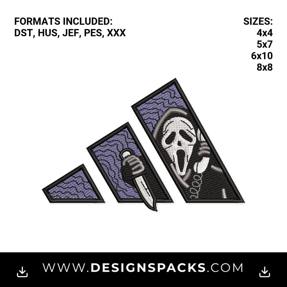 Ghostface Scream Horror 3 Stripes Embroidery Design - Instant digital download pattern at Designspacks.com