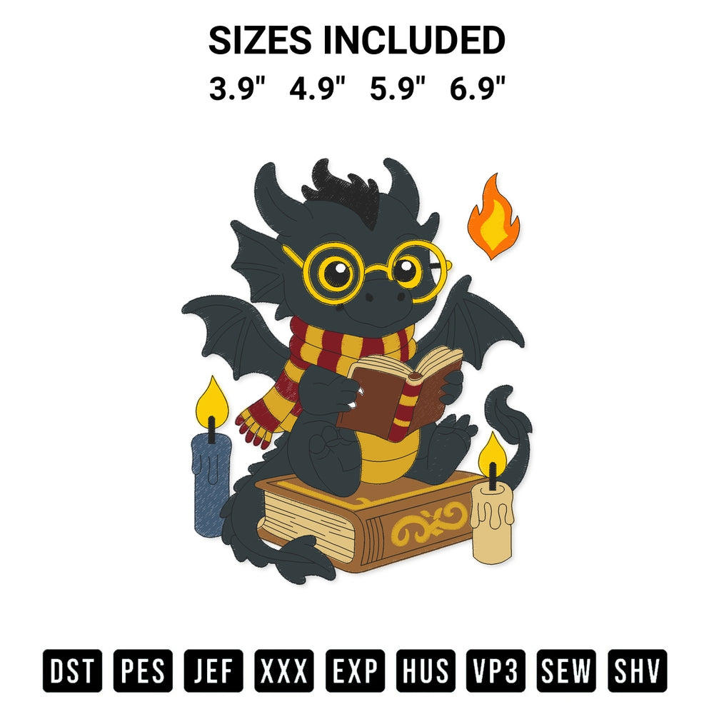 Discover the perfect addition to your crafting collection: Wizard Dragon Reading Book Embroidery Design embroidery file. Instantly available at Designspacks.com. Available sizes: 3.9", 4.9", 5.9", 6.9".