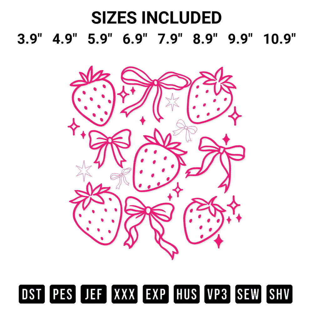 Looking for the perfect pattern? Download the Strawberry Coquette Bows Embroidery Design embroidery design today at Designspacks.com. Crisp, clean stitching guaranteed. Available sizes: 3.9", 4.9", 5.9", 6.9", 7.9", 8.9", 9.9", 10.9".