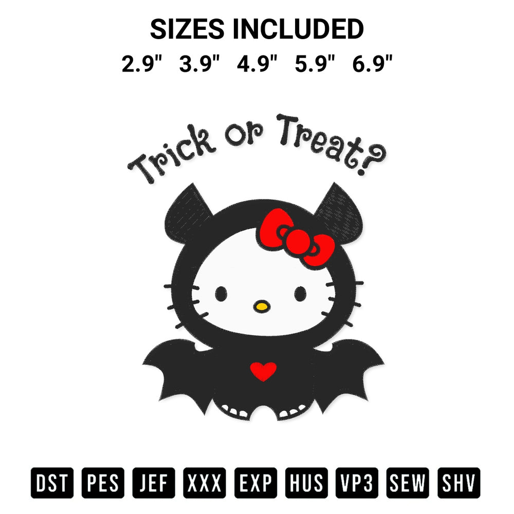 Create amazing crafts with the Hello Kitty Trick Or Treat Embroidery Design embroidery file. High-quality digital download from Designspacks.com, perfect for beginners and pros. Available sizes: 2.9", 3.9", 4.9", 5.9", 6.9".