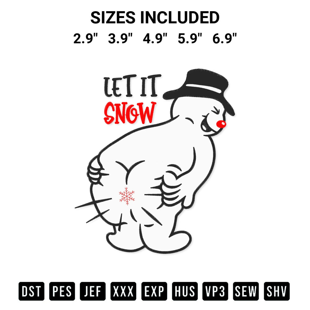 Stitch like a pro with the Let It Snow Snowman Embroidery Design embroidery pattern from Designspacks.com. High-quality digital machine embroidery file. Available sizes: 2.9", 3.9", 4.9", 5.9", 6.9".