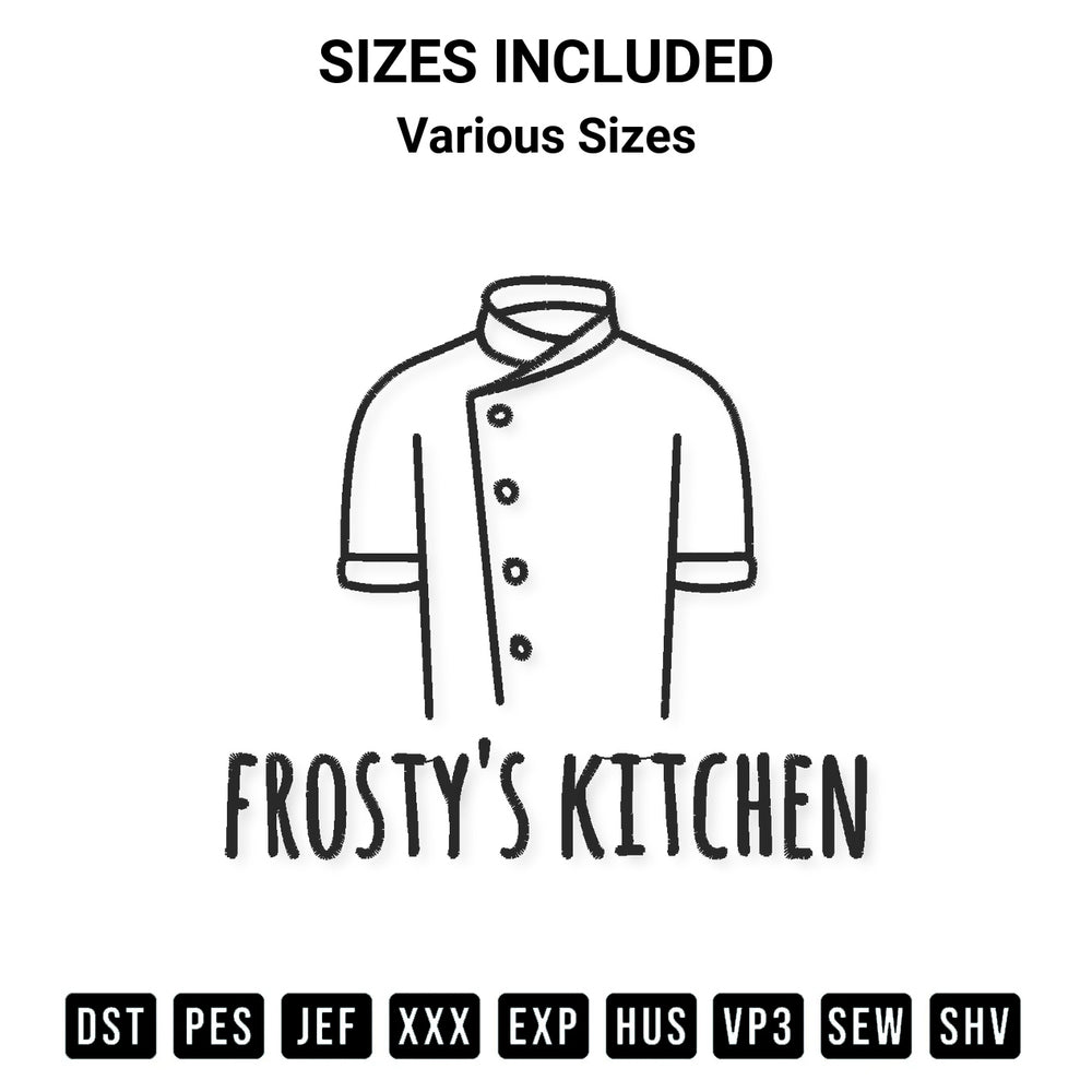 Discover the perfect addition to your crafting collection: Frostys Kitchen Chef Jacket Embroidery Design embroidery file. Instantly available at Designspacks.com. Available sizes: Various Sizes.
