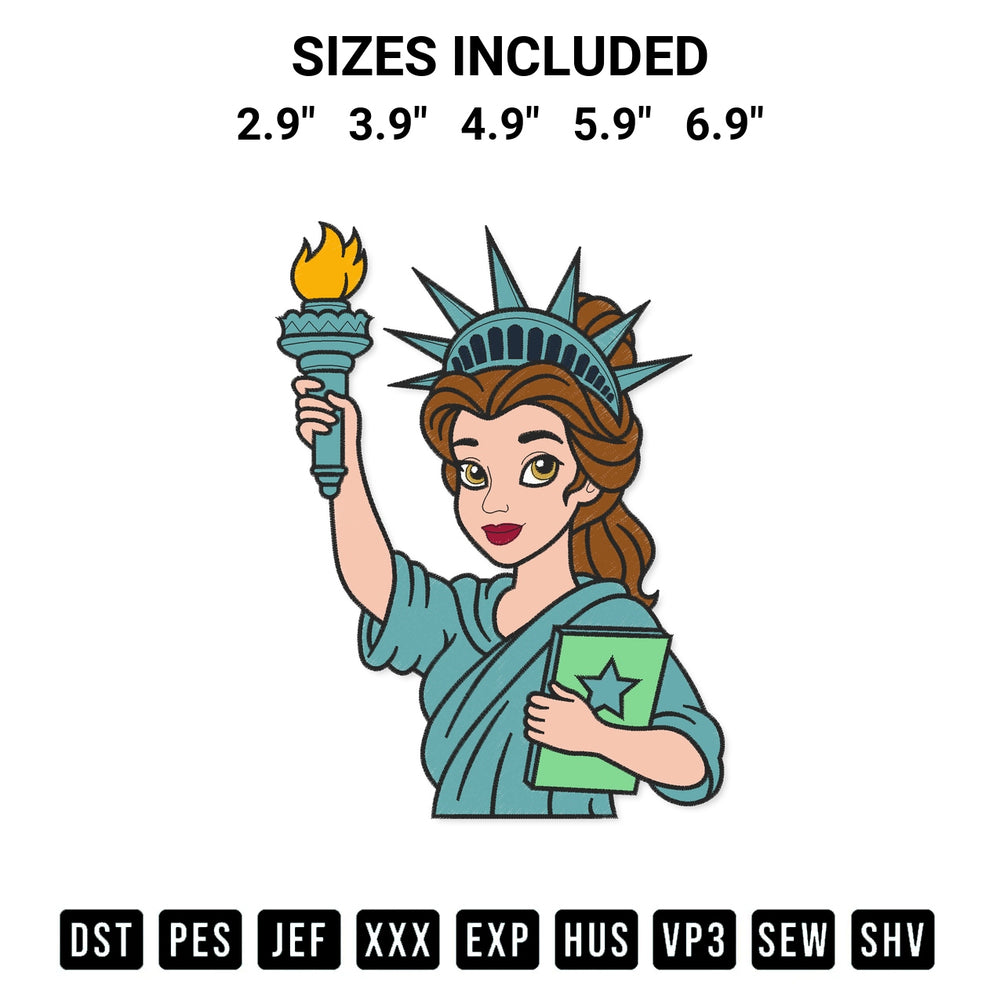 Transform your fabrics with the Belle Princess Statue Of Liberty Embroidery Design embroidery design. Instant access to premium digitized patterns at Designspacks.com. Available sizes: 2.9", 3.9", 4.9", 5.9", 6.9".