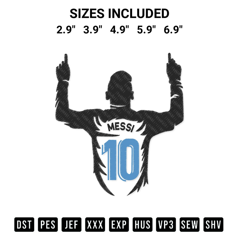 Create amazing crafts with the Lm10 Lionel Messi Silhouette Embroidery Design embroidery file. High-quality digital download from Designspacks.com, perfect for beginners and pros. Available sizes: 2.9", 3.9", 4.9", 5.9", 6.9".