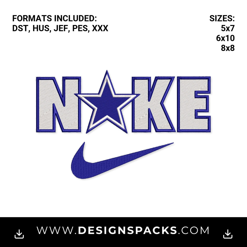 Dallas Cowboys Nike Star Swoosh Logo Embroidery Design - Instant digital download pattern at Designspacks.com