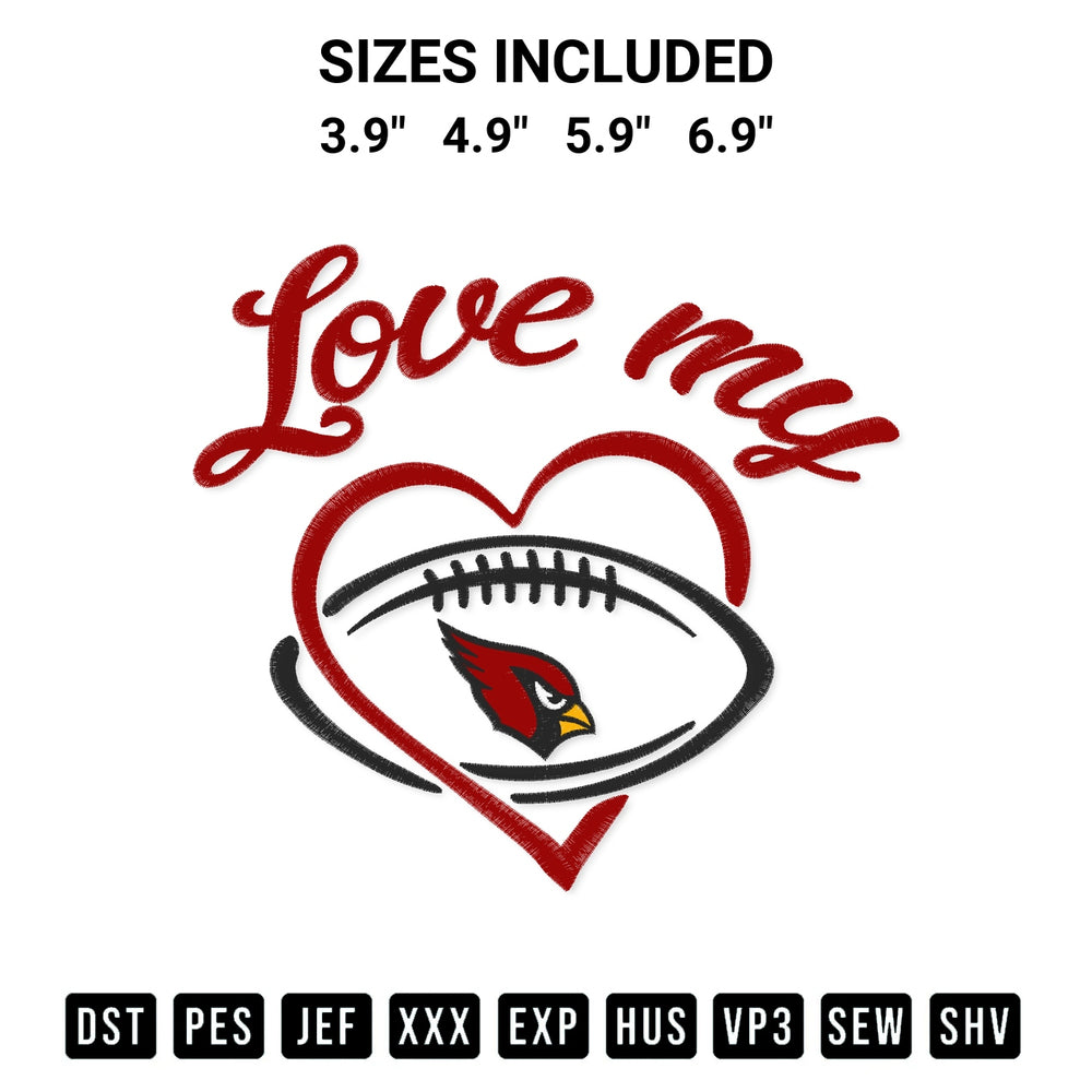 Get the Love My Arizona Cardinals Embroidery Design embroidery design for your custom crafts! Premium digitized files available for instant download at Designspacks.com. Available sizes: 3.9", 4.9", 5.9", 6.9".