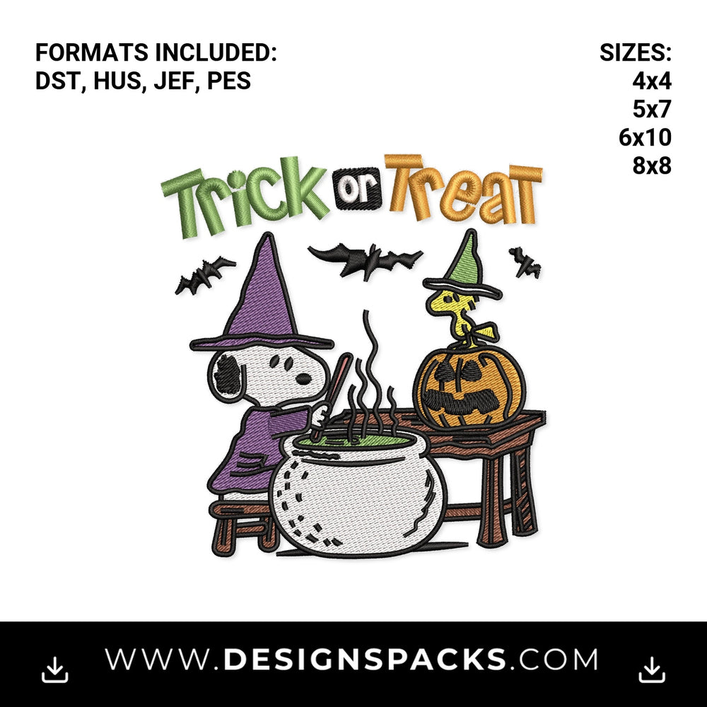 Snoopy Halloween Witch Trick or Treat Embroidery Design - Instant digital download pattern at Designspacks.com