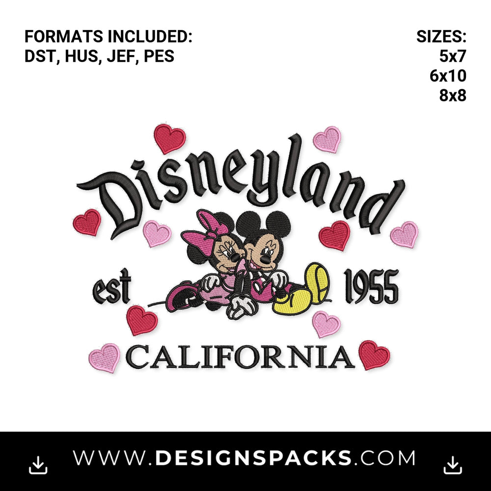 Disneyland California Mickey Minnie Hearts Embroidery Design - Instant digital download pattern at Designspacks.com
