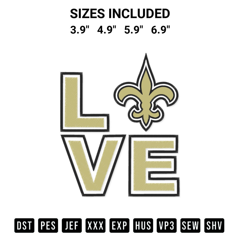 Transform your fabrics with the Love New Orleans Saints Embroidery Design embroidery design. Instant access to premium digitized patterns at Designspacks.com. Available sizes: 3.9", 4.9", 5.9", 6.9".