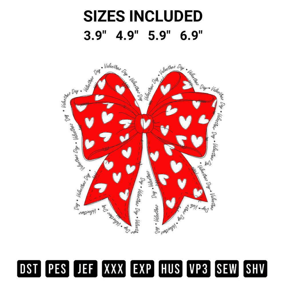 Transform your fabrics with the Valentines Day Coquette Bow Embroidery Design embroidery design. Instant access to premium digitized patterns at Designspacks.com. Available sizes: 3.9", 4.9", 5.9", 6.9".