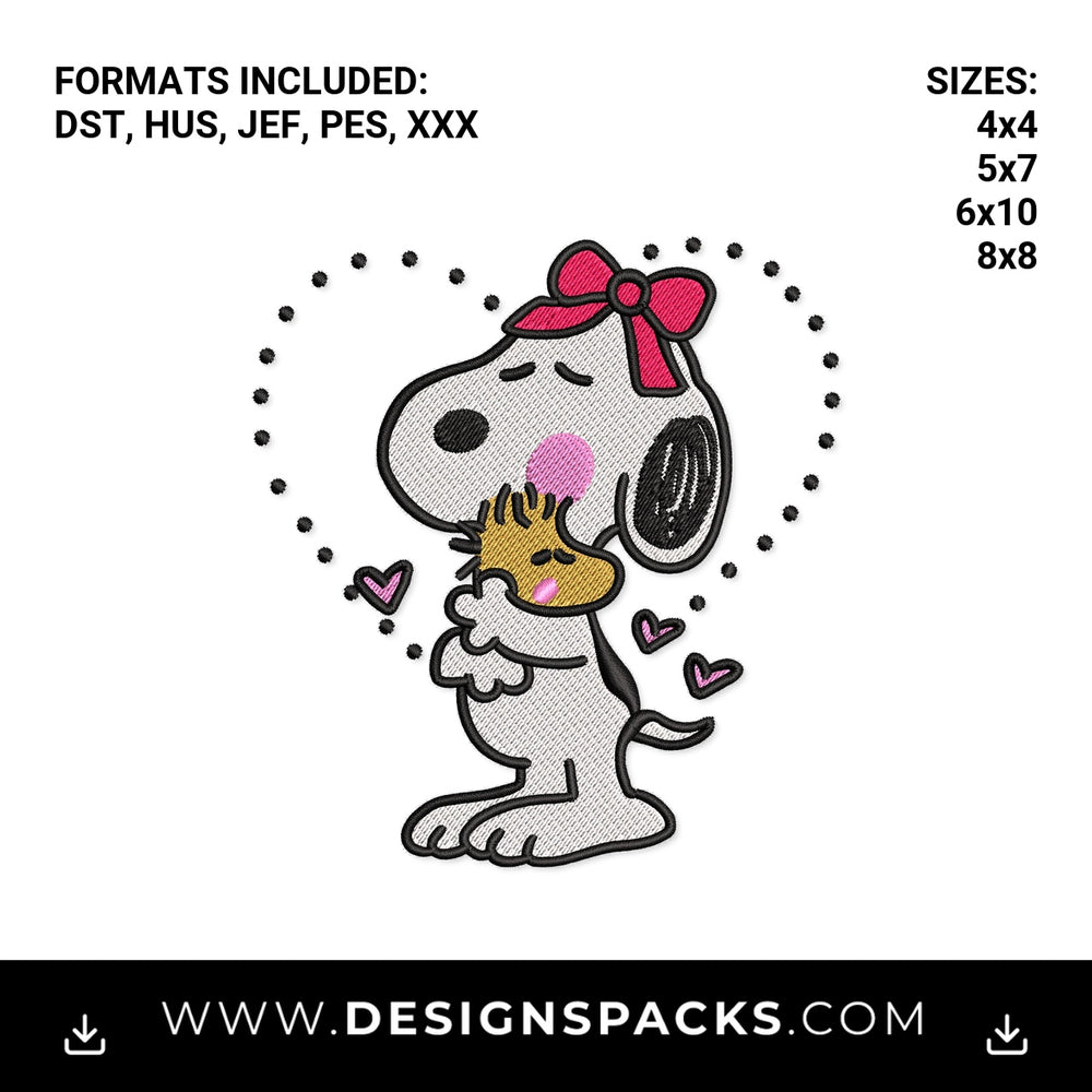 Cute Dog with Bow Hugging Bird Heart Embroidery Design - Instant digital download pattern at Designspacks.com