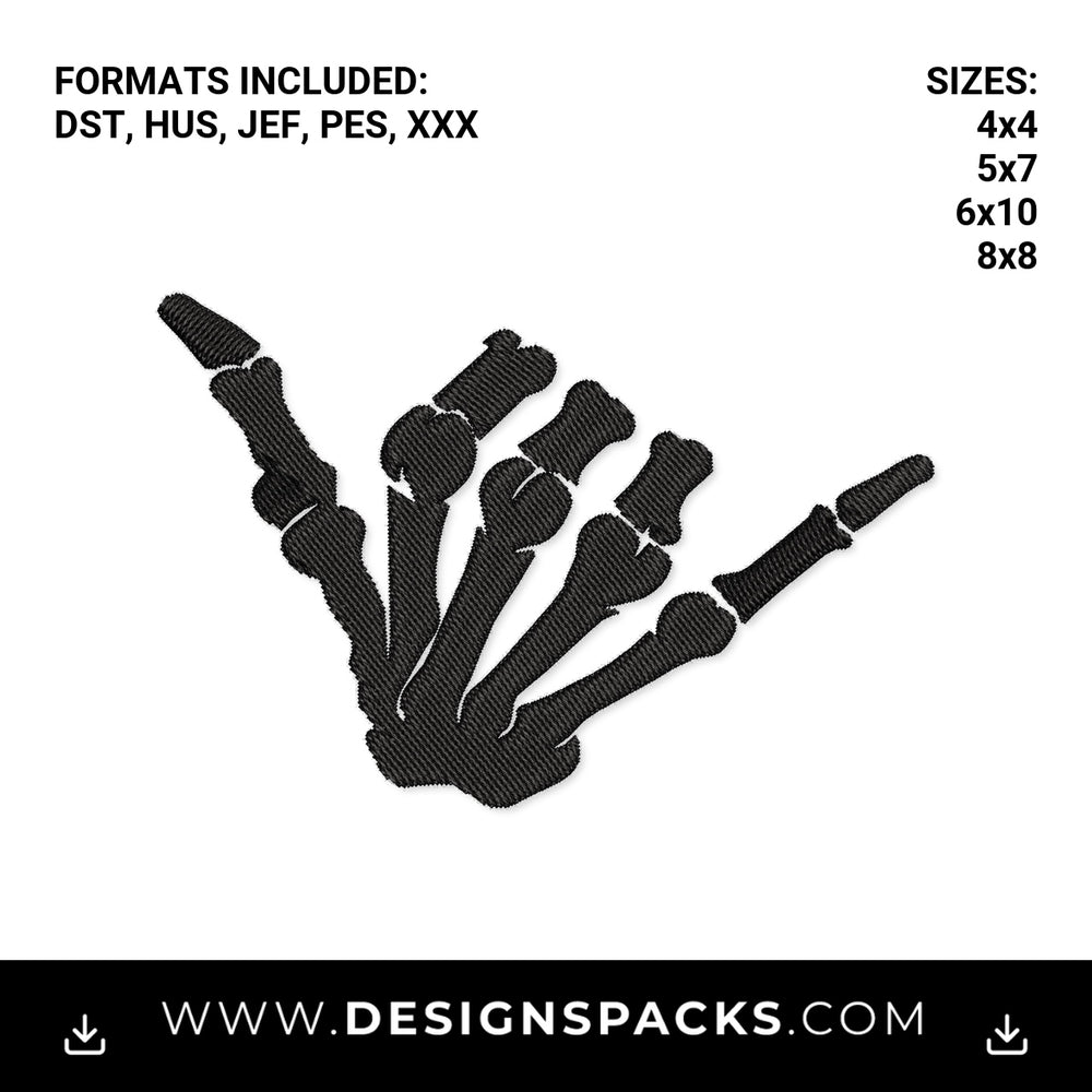 Skeleton Hand Shaka Hang Loose Embroidery Design - Instant digital download pattern at Designspacks.com