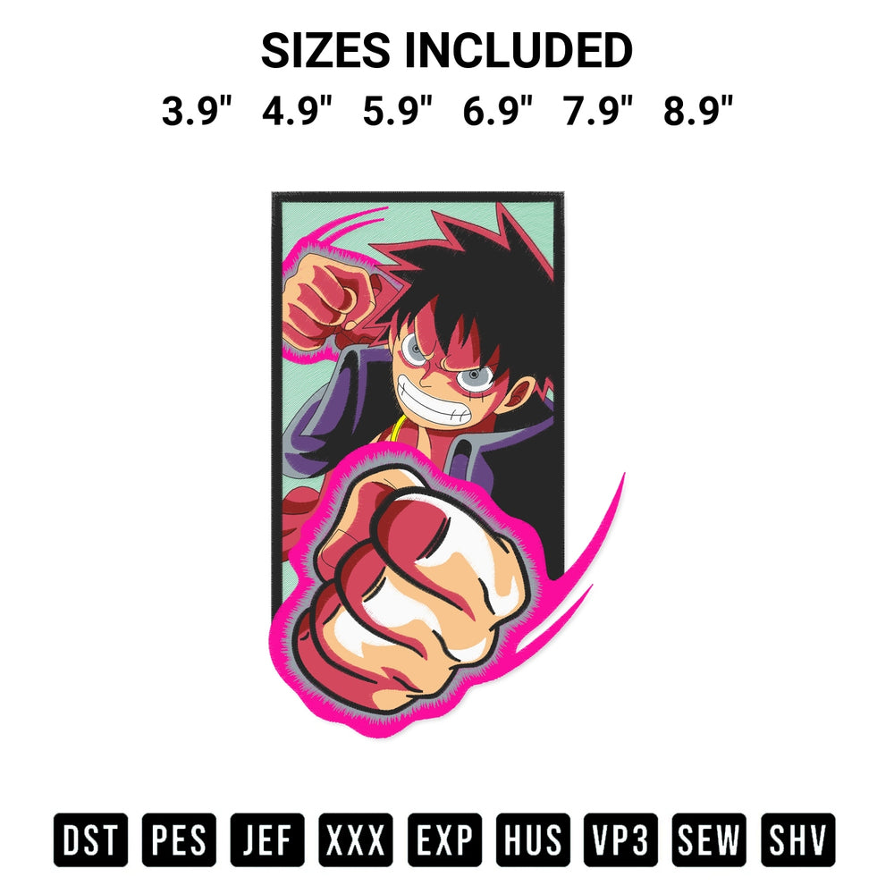 Transform your fabrics with the Luffy Punch Embroidery Design embroidery design. Instant access to premium digitized patterns at Designspacks.com. Available sizes: 3.9", 4.9", 5.9", 6.9", 7.9", 8.9".