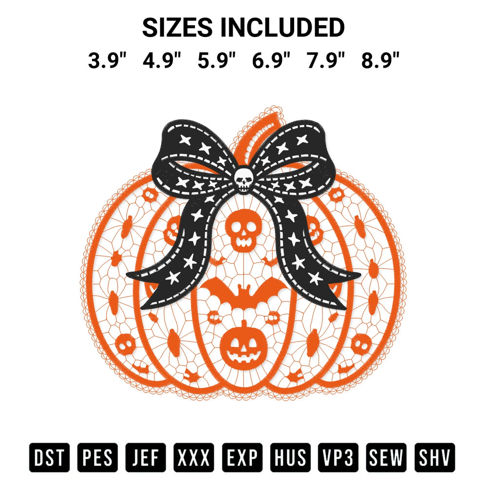 Discover the perfect addition to your crafting collection: Skull Bow Pumpkin Embroidery Design embroidery file. Instantly available at Designspacks.com. Available sizes: 3.9", 4.9", 5.9", 6.9", 7.9", 8.9".