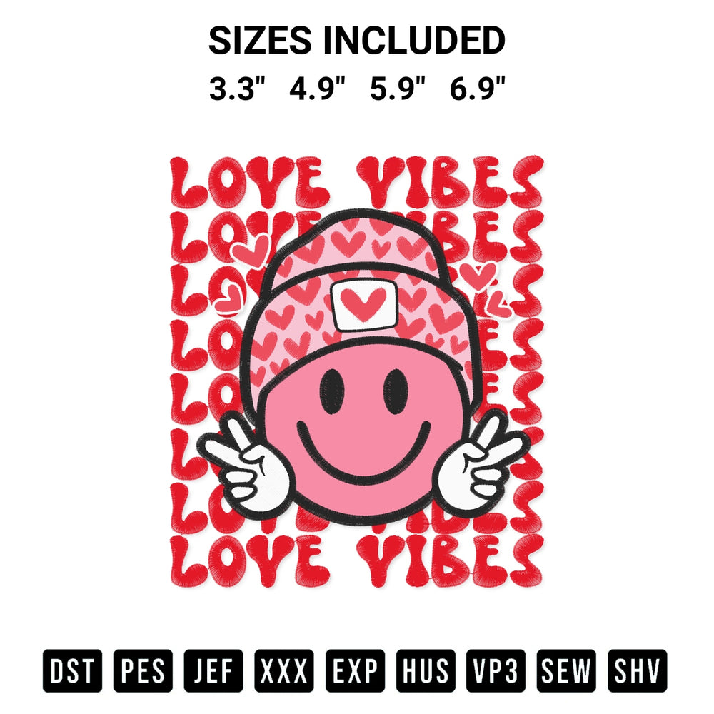 Create amazing crafts with the Love Vibes Smile Face Valentines Cute Love Retro Valentines Day Embroidery Design embroidery file. High-quality digital download from Designspacks.com, perfect for beginners and pros. Available sizes: 3.3", 4.9", 5.9", 6.9".
