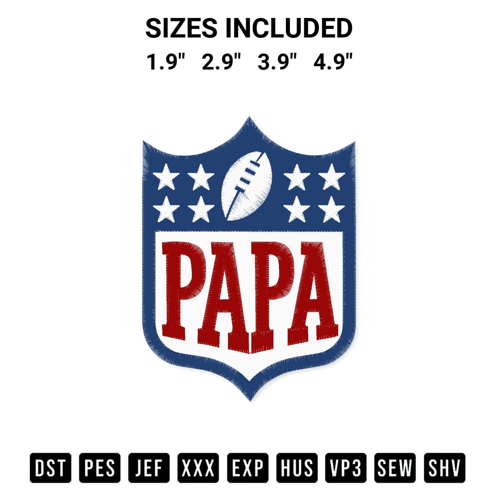 Transform your fabrics with the Papa Football Logo Embroidery Design embroidery design. Instant access to premium digitized patterns at Designspacks.com. Available sizes: 1.9", 2.9", 3.9", 4.9".
