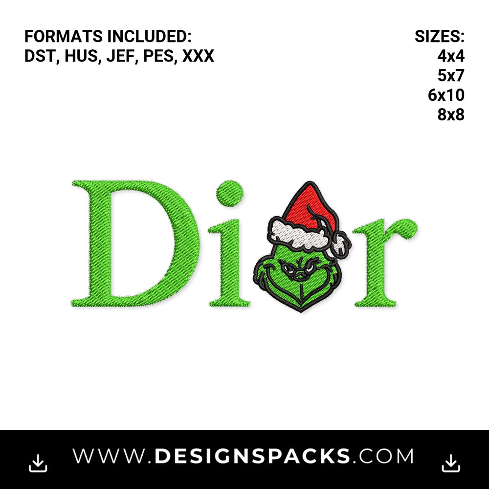 Grinch Christmas Dior Logo Embroidery Design - Instant digital download pattern at Designspacks.com