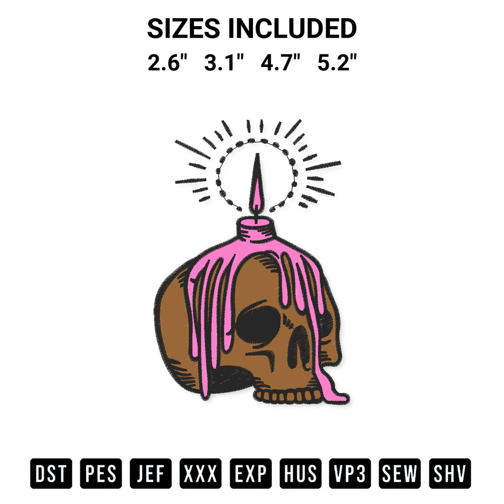Elevate your next project with our Skull Candle Embroidery Design embroidery file. Shop high-quality digital patterns instantly at Designspacks.com. Available sizes: 2.6", 3.1", 4.7", 5.2".