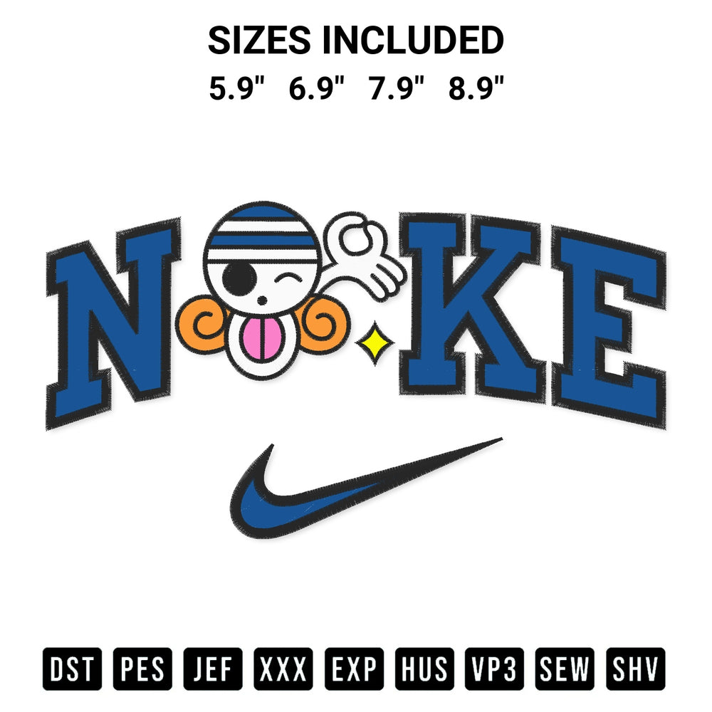 Create amazing crafts with the Nami Pirates Logo X Nike Embroidery Design embroidery file. High-quality digital download from Designspacks.com, perfect for beginners and pros. Available sizes: 5.9", 6.9", 7.9", 8.9".
