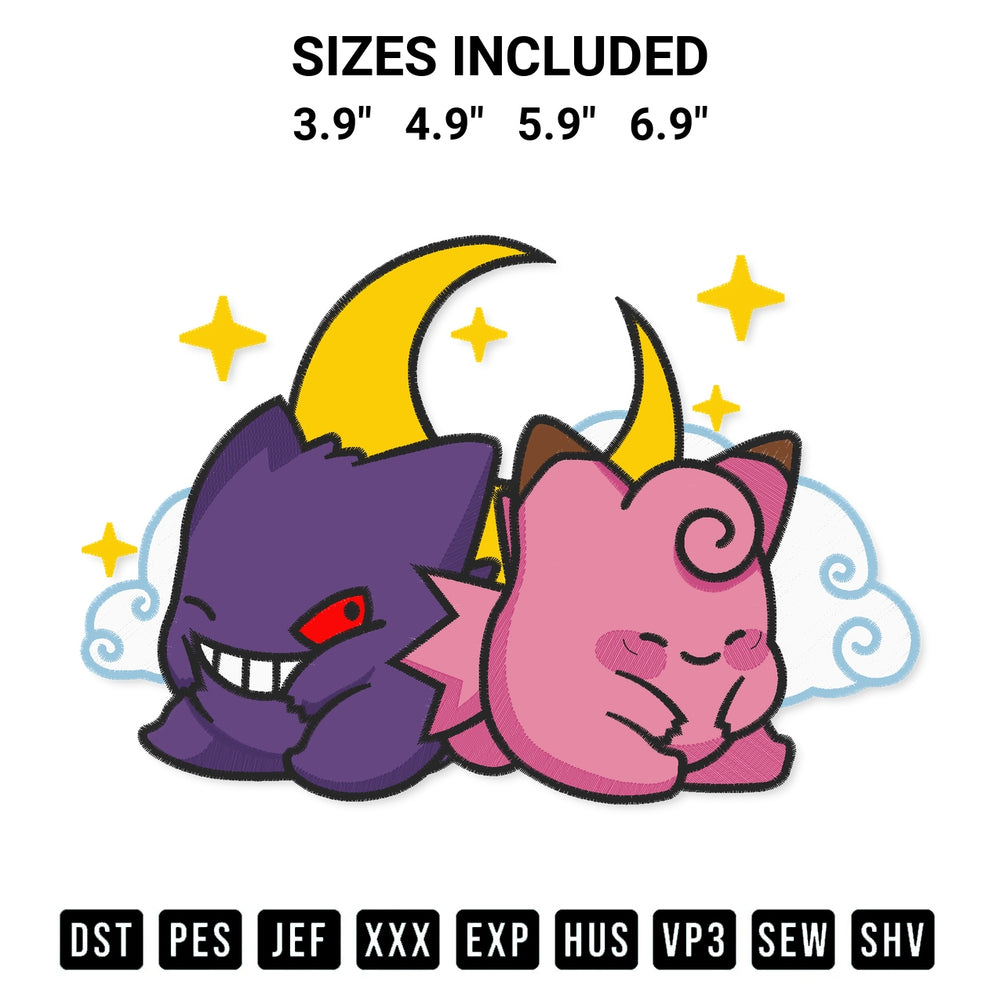 Add a unique touch to your apparel with the Gengar And Clefable Embroidery Design embroidery file. Premium instant download available now on Designspacks.com. Available sizes: 3.9", 4.9", 5.9", 6.9".