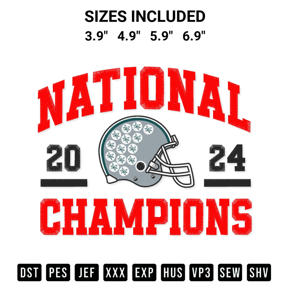 Stitch like a pro with the National 2024 Football Helmet Champions Ohio State Buckeyes Embroidery Design embroidery pattern from Designspacks.com. High-quality digital machine embroidery file. Available sizes: 3.9", 4.9", 5.9", 6.9".