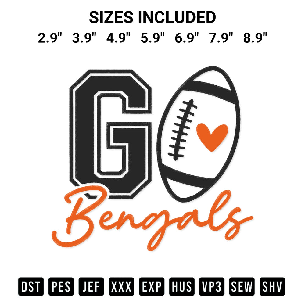 Elevate your next project with our Go Bengals Football Embroidery Design embroidery file. Shop high-quality digital patterns instantly at Designspacks.com. Available sizes: 2.9", 3.9", 4.9", 5.9", 6.9", 7.9", 8.9".