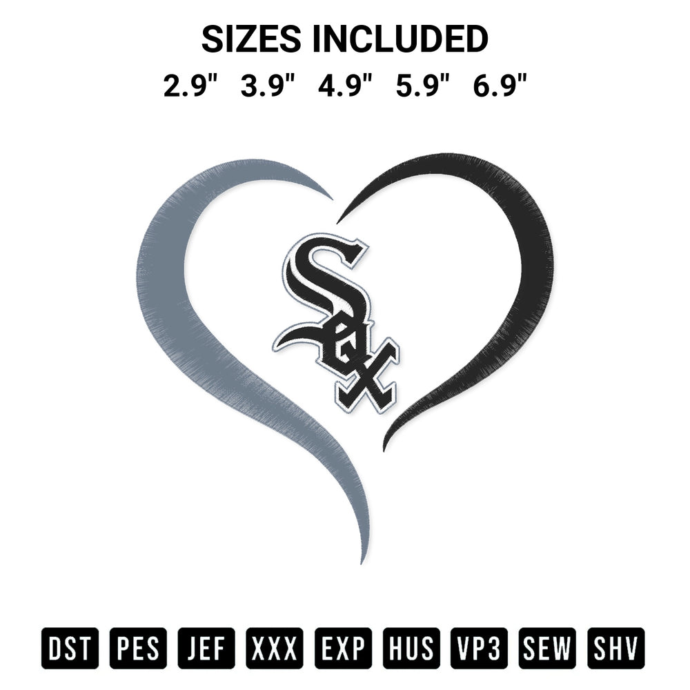 Stitch like a pro with the Chicago White Sox Heart Embroidery Design embroidery pattern from Designspacks.com. High-quality digital machine embroidery file. Available sizes: 2.9", 3.9", 4.9", 5.9", 6.9".