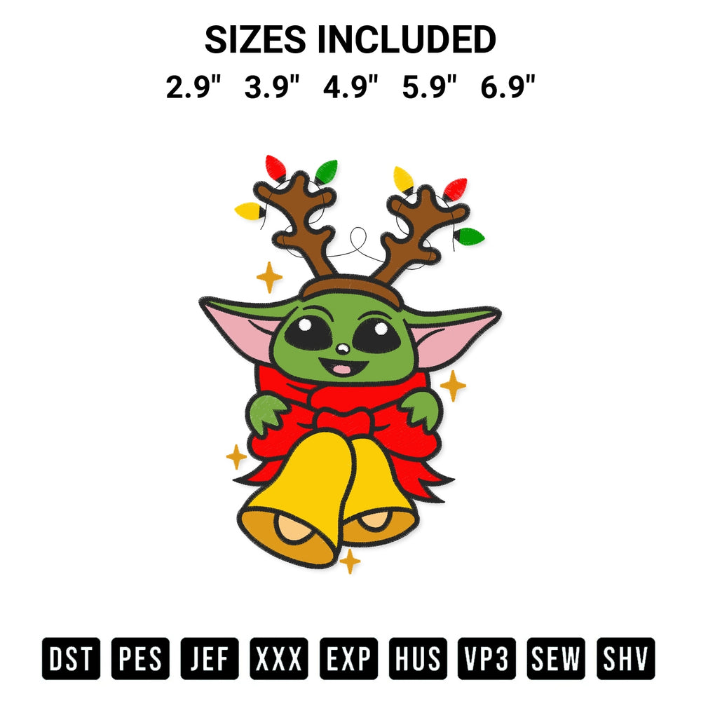 Add a unique touch to your apparel with the Baby Yoda Reindeer Christmas Embroidery Design embroidery file. Premium instant download available now on Designspacks.com. Available sizes: 2.9", 3.9", 4.9", 5.9", 6.9".