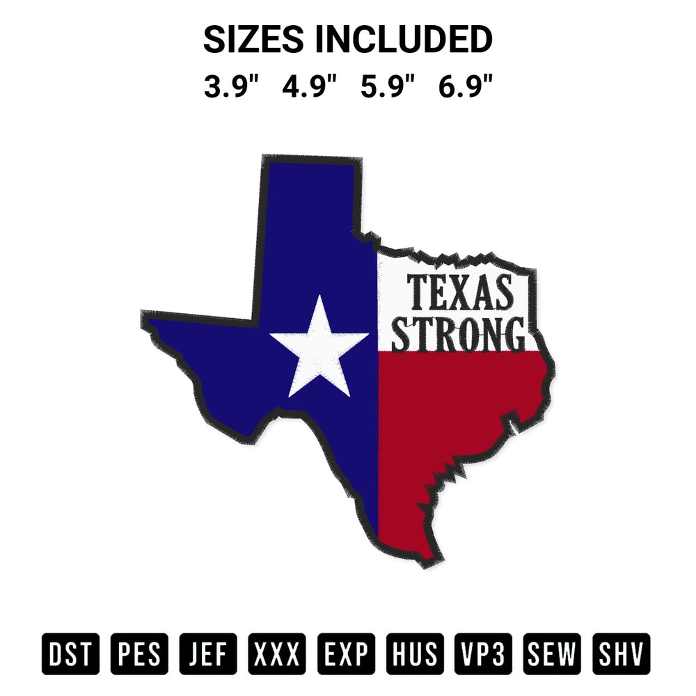 Create amazing crafts with the Texas Strong Flag Embroidery Design embroidery file. High-quality digital download from Designspacks.com, perfect for beginners and pros. Available sizes: 3.9", 4.9", 5.9", 6.9".