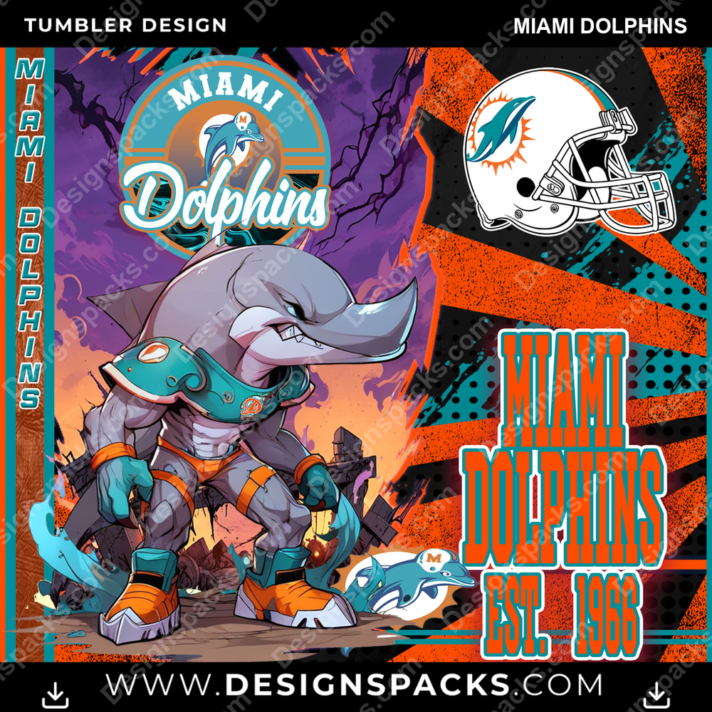Football Monster Mascot Miami Dolphins NFL Football Tumbler Digital Wrap Design Download