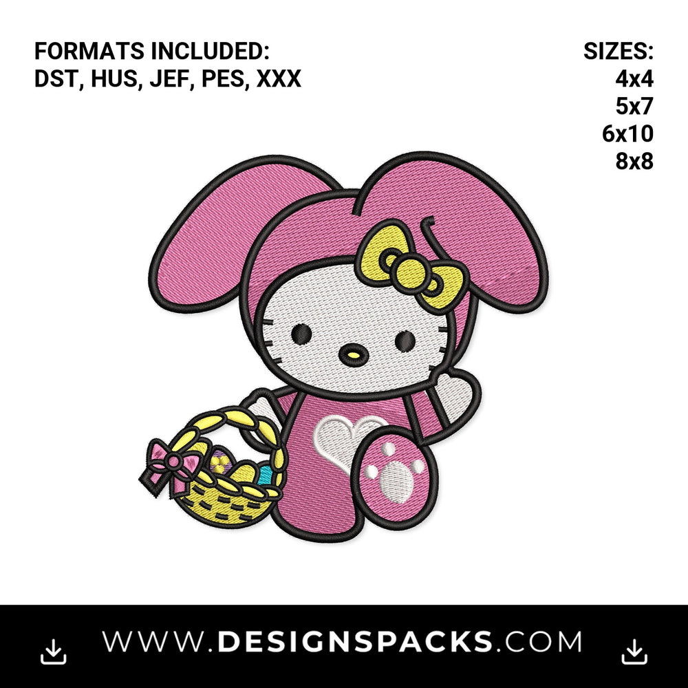 Easter Bunny Kitty with Egg Basket Embroidery Design - Instant digital download pattern at Designspacks.com