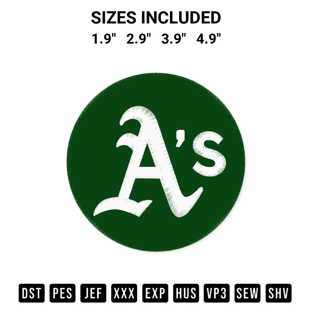 Download the Oakland Athletics Embroidery Design machine embroidery design exclusively at Designspacks.com. Premium digitized pattern for apparel and DIY crafts. Available sizes: 1.9", 2.9", 3.9", 4.9".