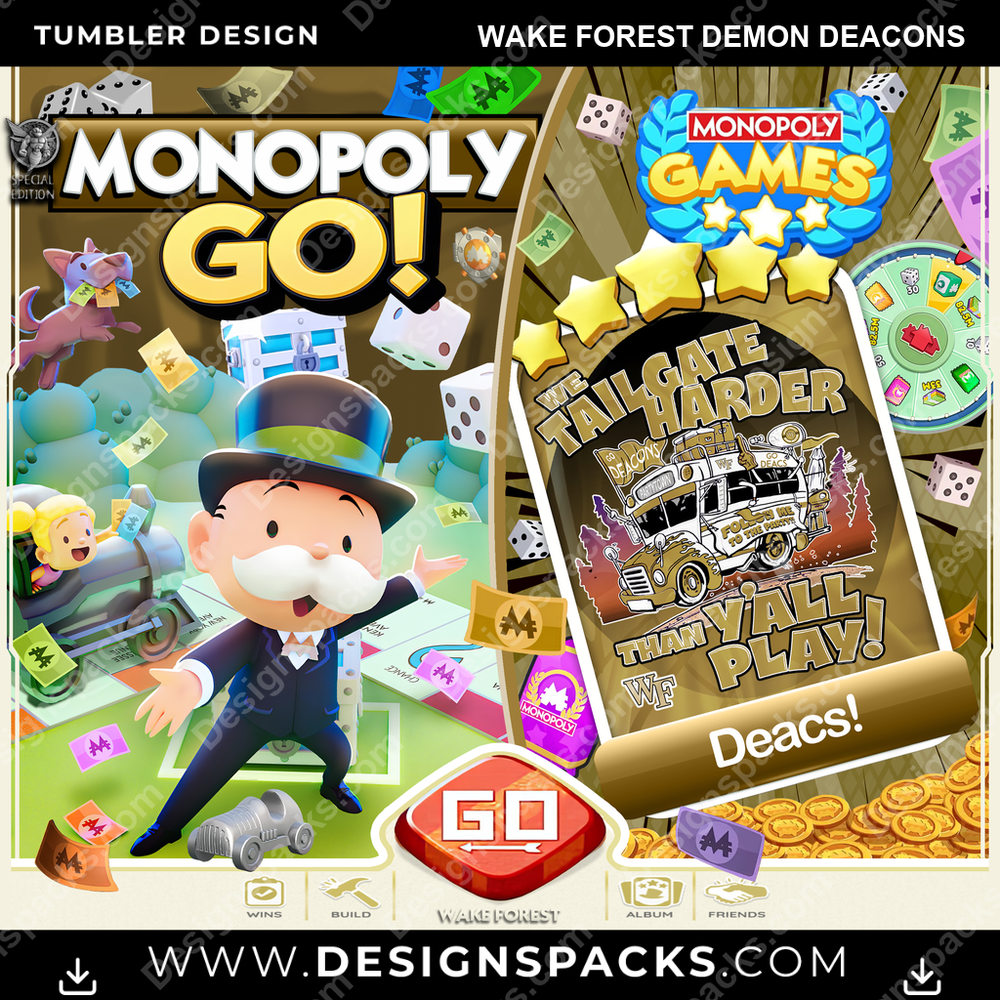 College Sport Monopoly Go! Wake Forest Demon Deacons NCAA College Sport Tumbler Digital Wrap Design Download