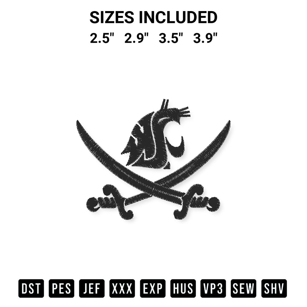 Get the Wsu Pirate Swing Your Sword Embroidery Design embroidery design for your custom crafts! Premium digitized files available for instant download at Designspacks.com. Available sizes: 2.5", 2.9", 3.5", 3.9".