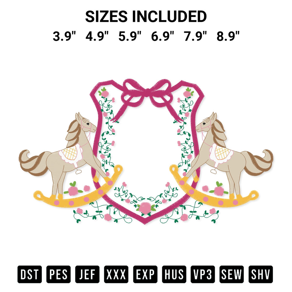 Shop the Frame Rocking Horse And Flowers Embroidery Design machine embroidery pattern at Designspacks.com. Beautifully digitized for flawless stitching on any fabric. Available sizes: 3.9", 4.9", 5.9", 6.9", 7.9", 8.9".