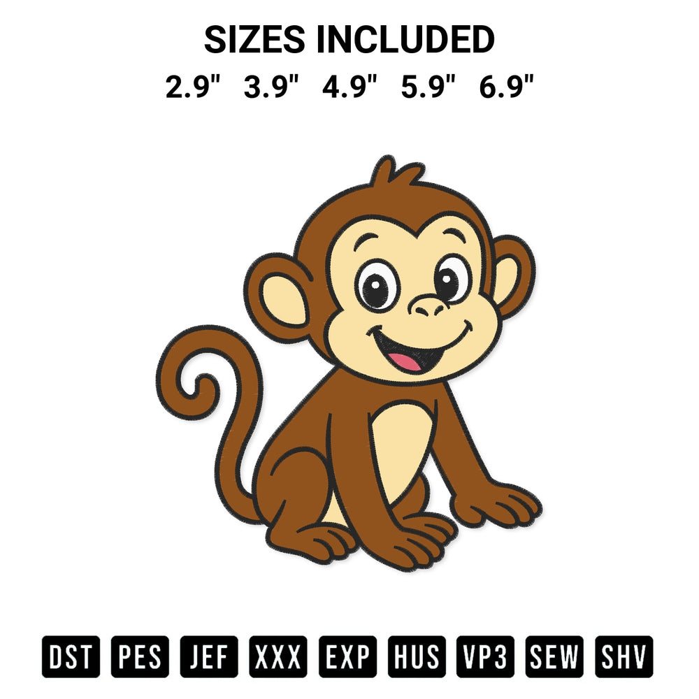 Shop the Monkey Embroidery Design machine embroidery pattern at Designspacks.com. Beautifully digitized for flawless stitching on any fabric. Available sizes: 2.9", 3.9", 4.9", 5.9", 6.9".