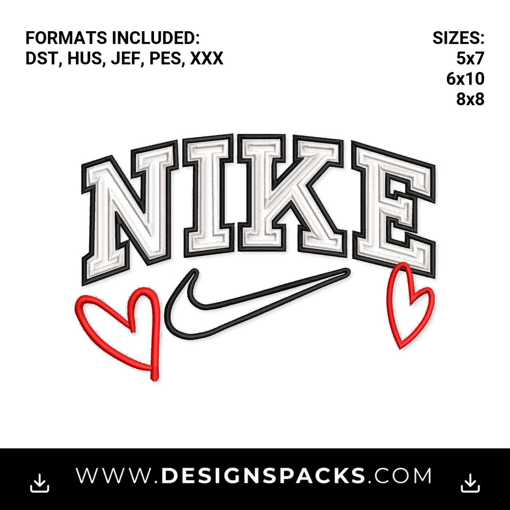 Nike Varsity Swoosh With Red Hearts Embroidery Design - Instant digital download pattern at Designspacks.com