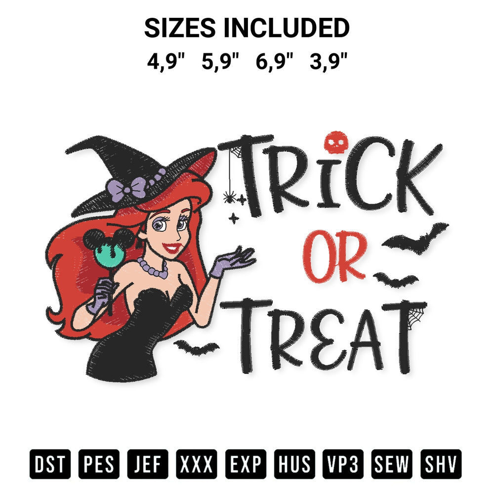 Get the Disney Ariel Mermaid Trick Or Treat Mermaid Witch Halloween Logo Embroidery Design embroidery design for your custom crafts! Premium digitized files available for instant download at Designspacks.com. Available sizes: 4,9", 5,9", 6,9", 3,9".