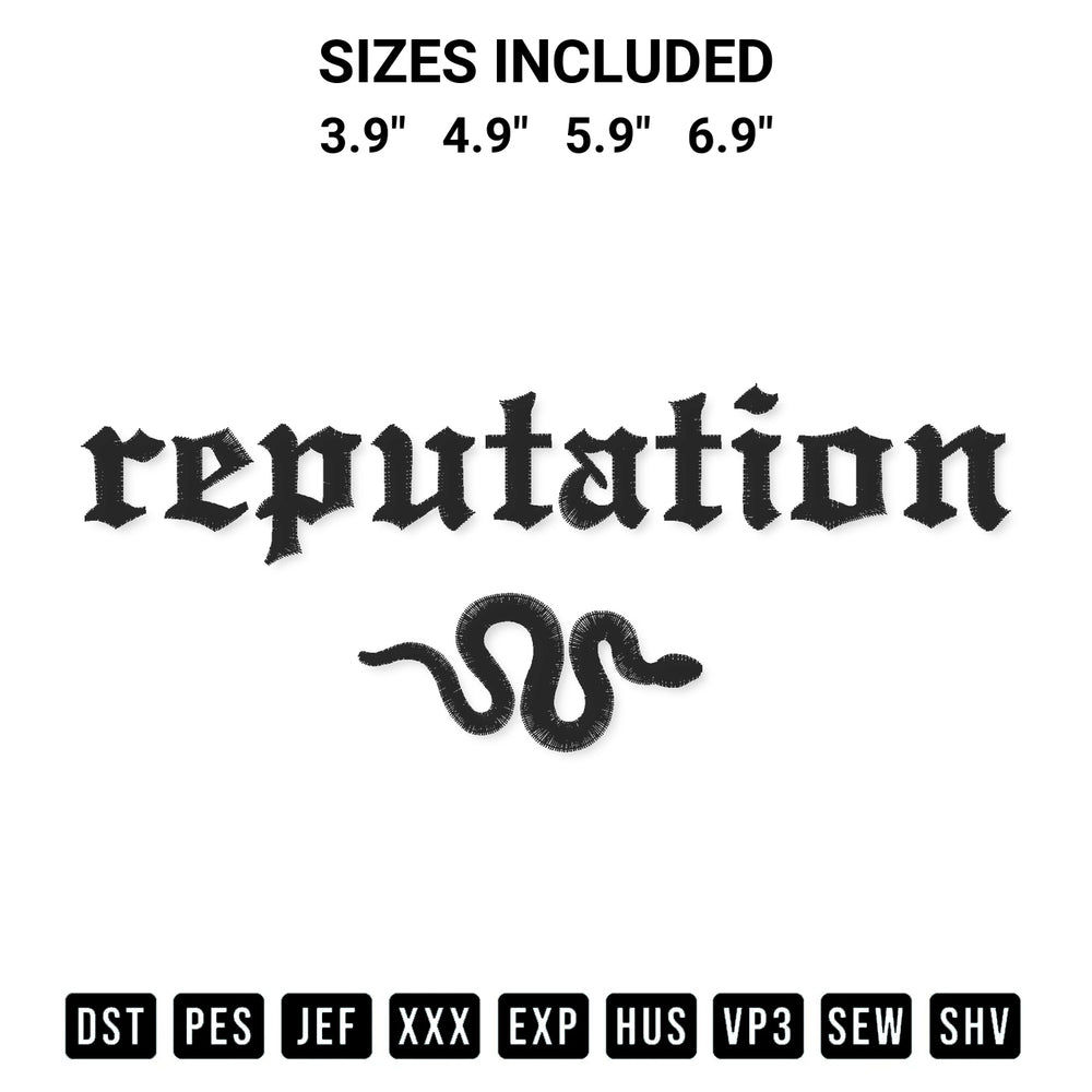 Elevate your next project with our Taylor Swift Reputation Embroidery Design embroidery file. Shop high-quality digital patterns instantly at Designspacks.com. Available sizes: 3.9", 4.9", 5.9", 6.9".