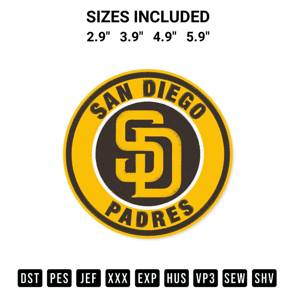 Add a unique touch to your apparel with the San Diego Padres Circle Logo Embroidery Design embroidery file. Premium instant download available now on Designspacks.com. Available sizes: 2.9", 3.9", 4.9", 5.9".