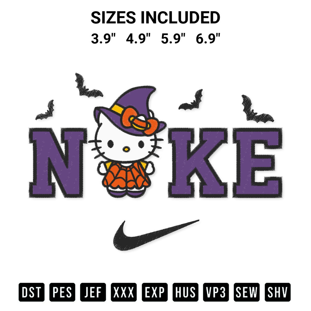 Create amazing crafts with the Nike Spooky Witch Hello Kitty Embroidery Design embroidery file. High-quality digital download from Designspacks.com, perfect for beginners and pros. Available sizes: 3.9", 4.9", 5.9", 6.9".