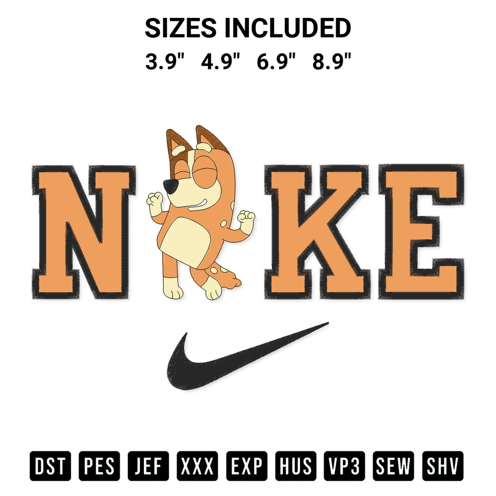 Elevate your next project with our Bluey Chili Dancing X Nike Embroidery Design embroidery file. Shop high-quality digital patterns instantly at Designspacks.com. Available sizes: 3.9", 4.9", 6.9", 8.9".