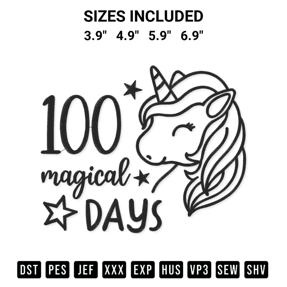 Elevate your next project with our 100 Magical Days Of School Embroidery Design embroidery file. Shop high-quality digital patterns instantly at Designspacks.com. Available sizes: 3.9", 4.9", 5.9", 6.9".