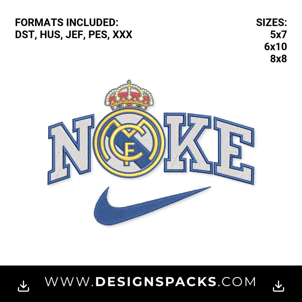 Real Madrid Nike Crest Swoosh Logo Embroidery Design - Instant digital download pattern at Designspacks.com